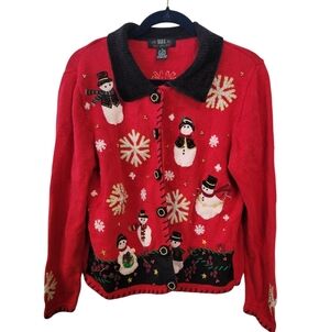Vintage Segue Ugly Christmas Sweater Beaded Snowman Collared Button Up Size M